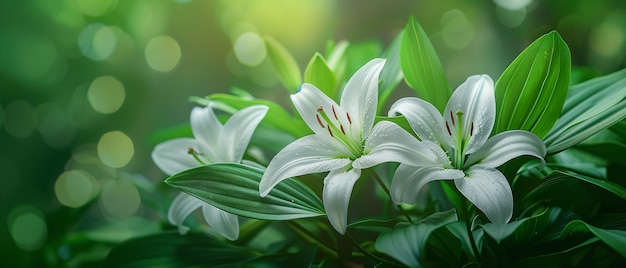 Close shot of white lilies with green nature backdrop with a big space for text or product advertisement Generative AI