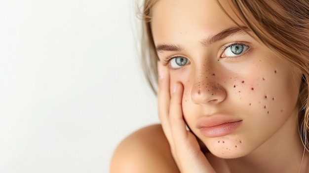 Close shot of a young female with pimple in face against a white backdrop with empty space for product or text Generative AI