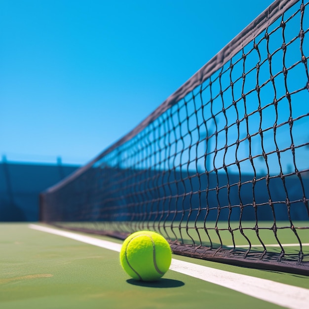 Close of tennis ball on white line near net For Social Media Post Size