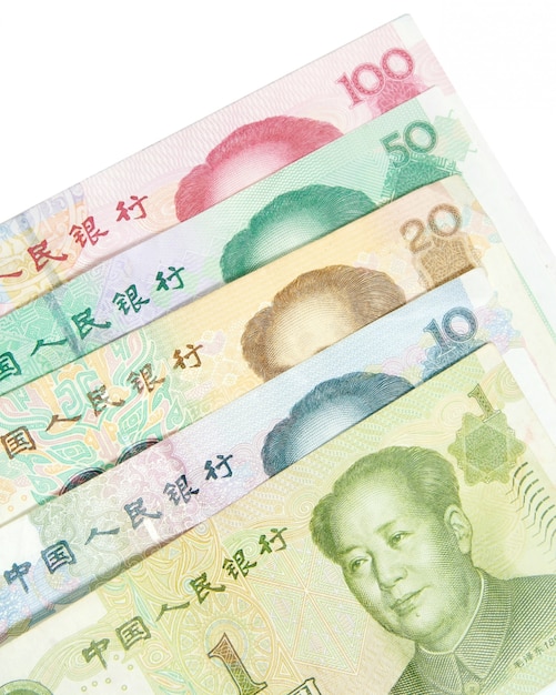 close-up of 1 20 50 100 chinese banknotes 
