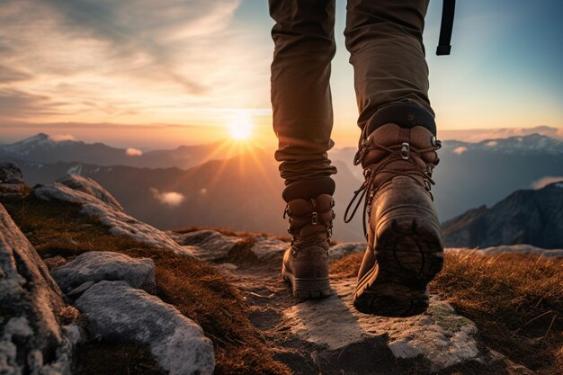 日の出時に山に登ろうとしている 2 つの歩いている足の接写