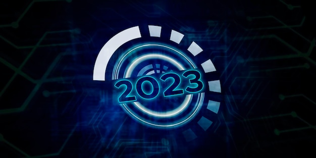 Close up of 2023 button in the cyberspace