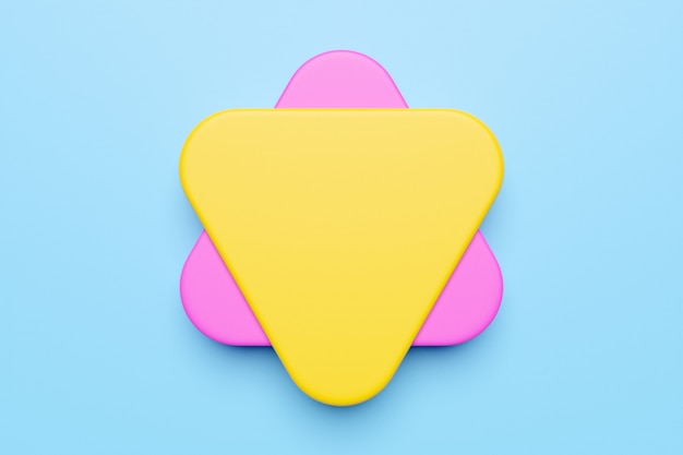 Close-up 3d gele en roze illustratie. verschillende geometrische vormen: afgeronde driehoeken op een blauwe geïsoleerde achtergrond eenvoudige geometrische vormen