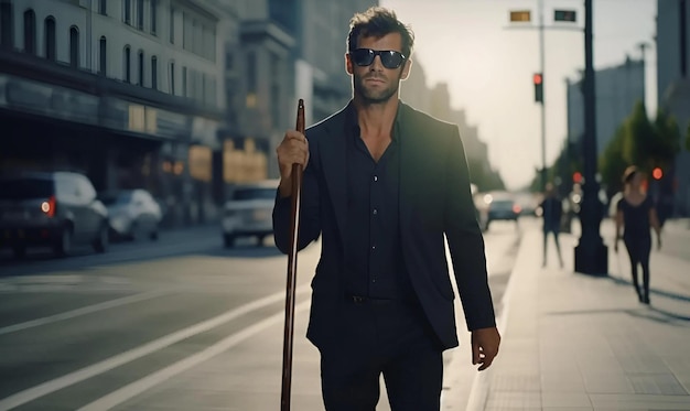 Близкий 4K реалистичный полный кадр слепой красивый мужчина на пешеходном переходе