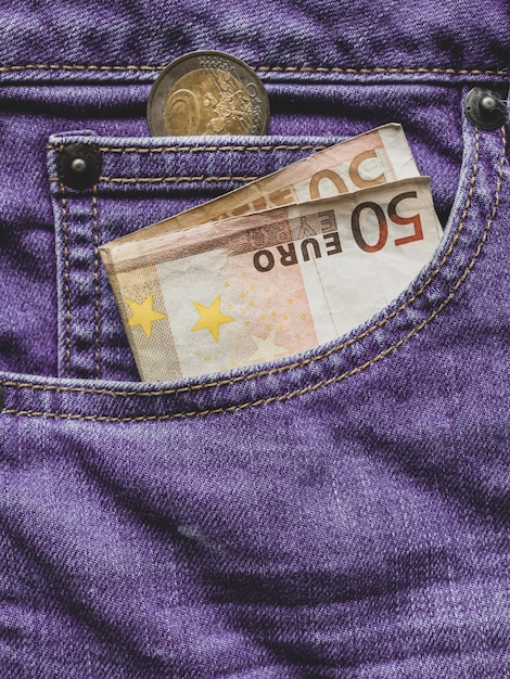 Close up of a 50 euro banknote in a pocket