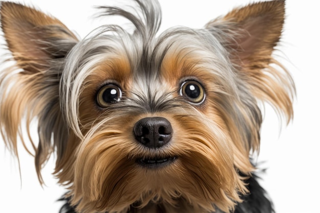 Close up of a 6 year old Yorkshire Terrier looking directly at the camera on a white background