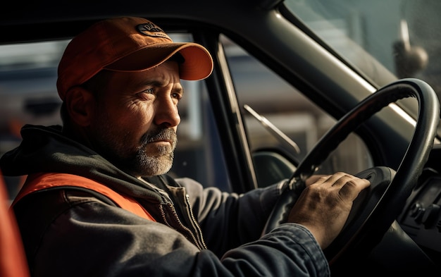 写真 トラックを運転するトラック運転手の接写