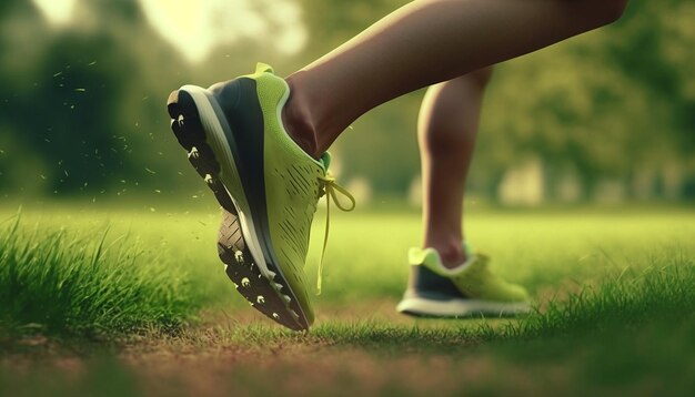 Foto close-up aan de voeten van een vrouw die op gympen loopt generatieve ai