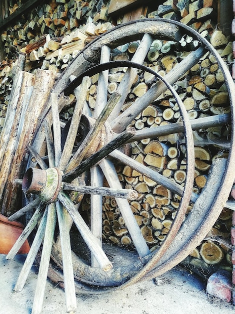 Close-up of abandoned wheels by woodpile