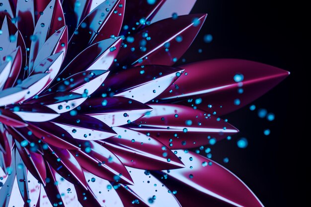 Photo close up of an abstract metallic flower with cyan and magenta petals glowing particles on a dark background 3d rendering