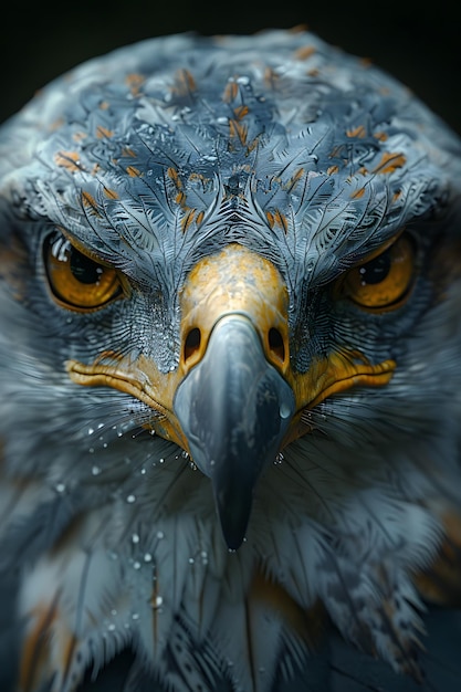 Close up of accipitridae eagles face with water drops on grey feathers