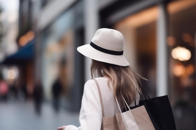 close-up achteraanzicht Jonge vrouw winkelen in de stad met luxe boodschappentassen