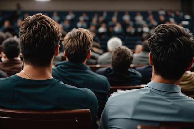 Foto close-up achteraanzicht van studenten die een training bijwonen in een collegezaal