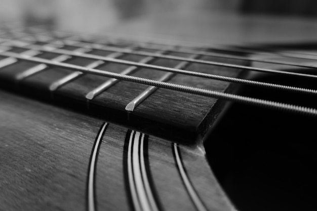 Close-up acoustic guitar background.