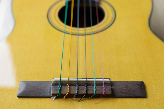 Close up of an acoustic guitar body with colorful nylon strings