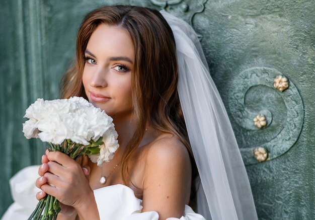 Close up of adorable young girl with professional makeup wearing in white dress with bare shoulders holding wedding bouquet of white flowers near face and looking at camera while leaning on door