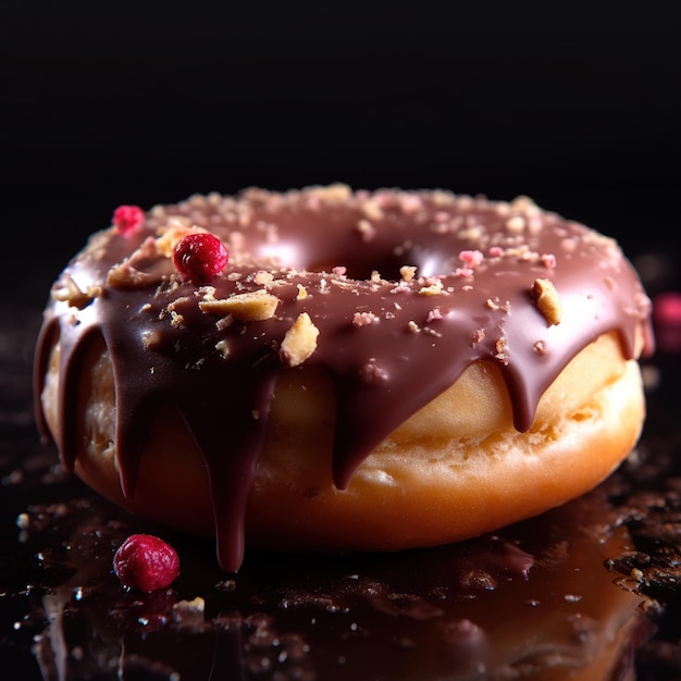 Close-up afbeelding van een donut met donkere chocolade geglazuurd smakelijk zeer gedetailleerd Fast food concept