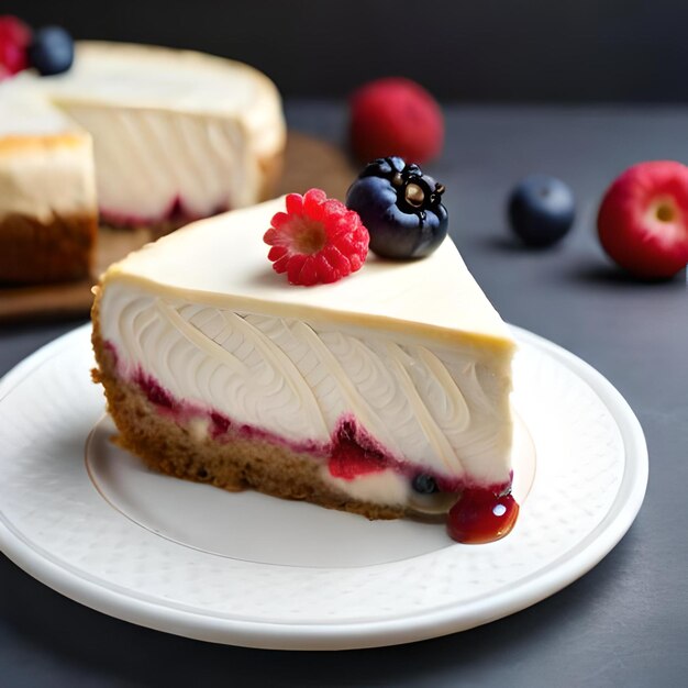 Close-up afbeelding van een perfect gemaakt stukje romige cheesecake met verse bessen bovenop