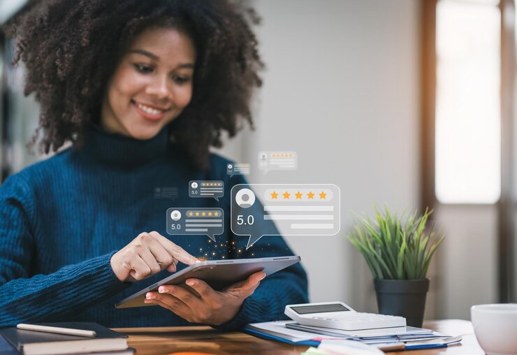 Photo close up of african american customer writing reviews hand pressing on a smartphone screen with a golden five star rating feedback icon concept of rating and feedback for evaluation selective focus