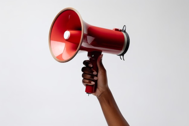 close up of an african american persons hand holding a megaphone studio shot on white background