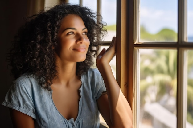 Close up of an African American woman contemplating a summer scene from her window