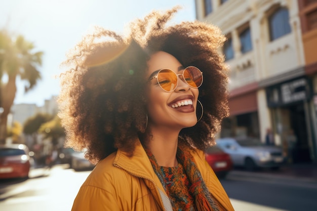 Close up of an African American woman smiling with a city scene background