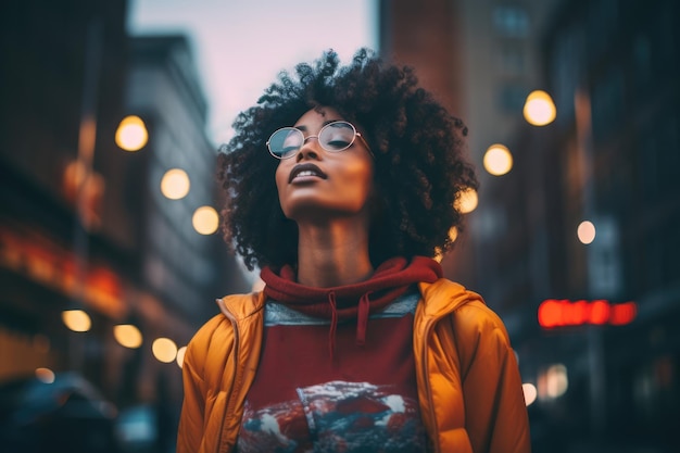 Close up of an African American woman with a city scene background