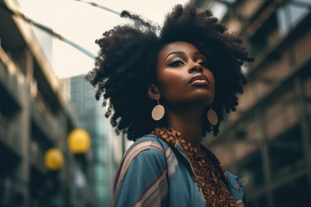 Close up of an African American woman with a city scene background