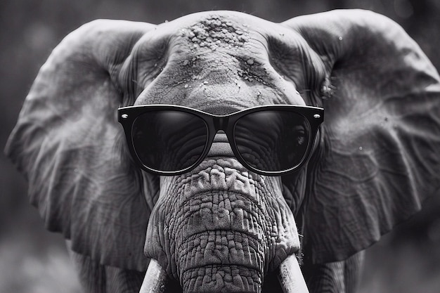 Close up of an African elephant with sunglasses in the savannah