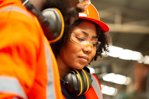 Foto primo piano ingegnere africano in loco che lavora con il suo team in linea di produzione. il supervisore guarda e controlla il lavoro in fabbrica. operazione sul posto di lavoro. personale con uniforme di sicurezza.