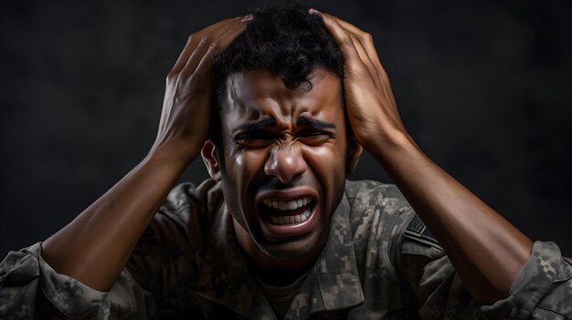 Close-up Afrikaanse soldaat man in camouflage uniform in paniek Concept depressie PTSD rehabilitatie
