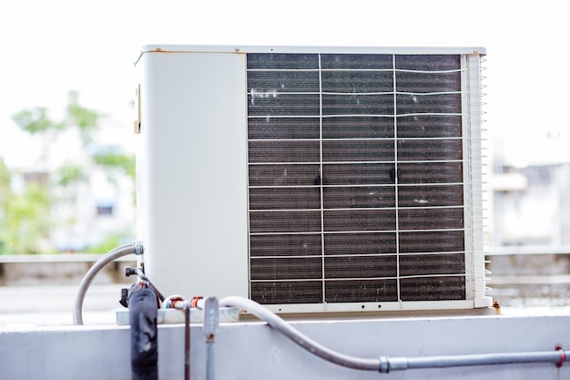 Close up air conditioning system assembled on a roof of industrial building