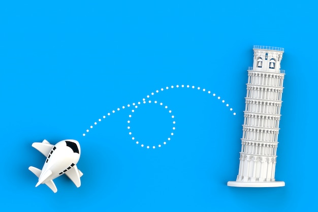 Close up of airplane flying go to leaning tower of pisa concept illustration, Top view with copy space, 3d rendering