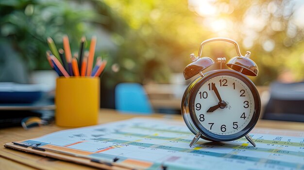 Photo close up of alarm clock on desk with pencils and notebook ai generative