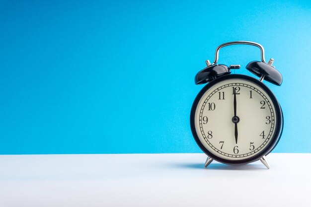 close-up of alarm clock on table against blue background