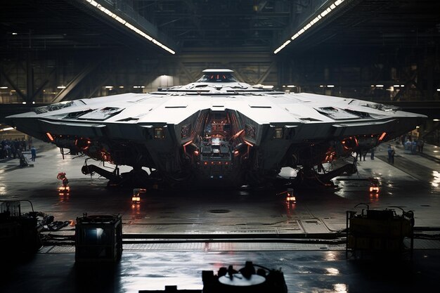 Photo close up of an alien spacecraft in a futuristic hangar surrounded by machinery