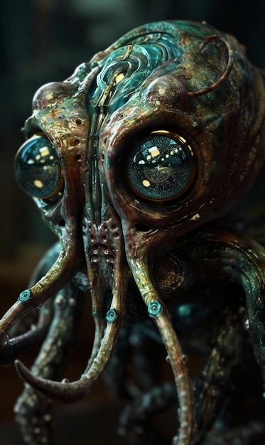 A close up of an alien with big eyes and a large alien head.