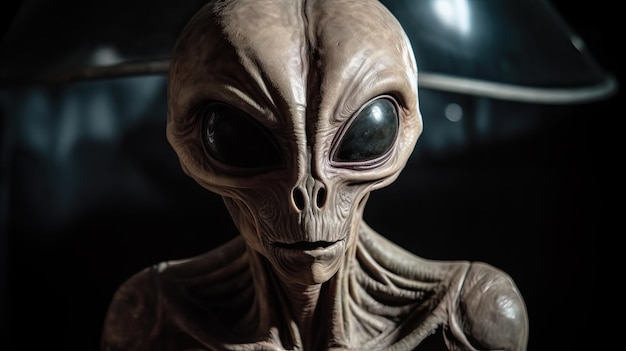 A close up of an alien with a black background