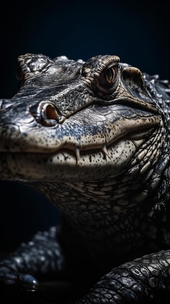 A close up of a alligator's face