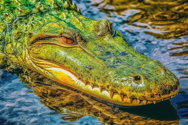 A close up of an alligators head in the water