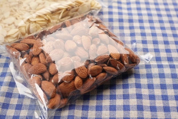 Close up of almond nut in a plastic packet