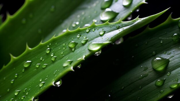 A close up of a aloe vera leaf with water droplet