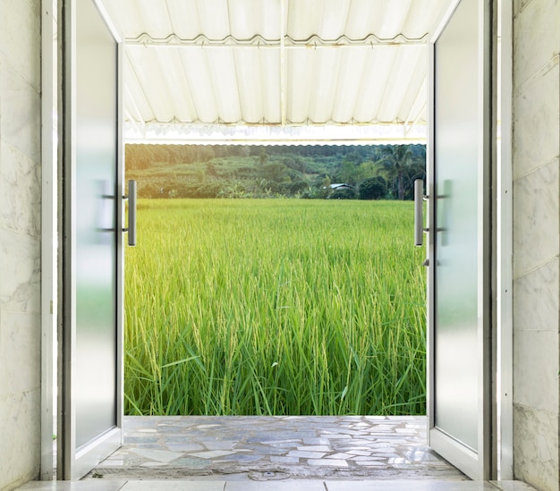 Close-up of Aluminum glass door open to outdoor