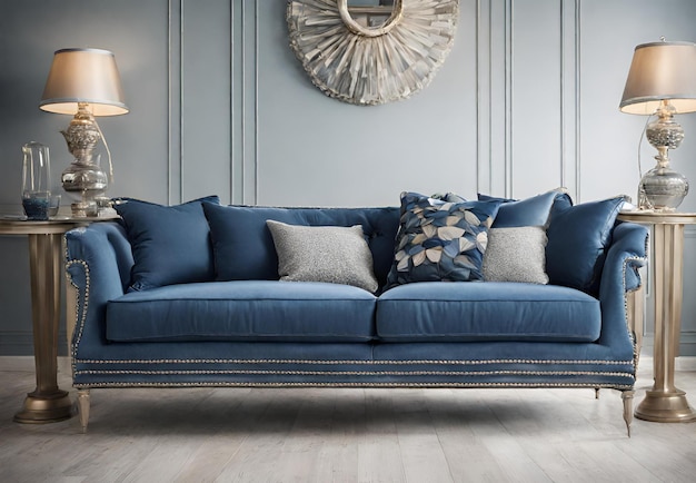 Close up of amazing blue sofa with cushions