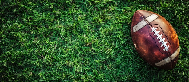 Foto immagine generata dall'ai di una palla da football americano in close-up sullo sfondo dell'erba verde lussureggiante