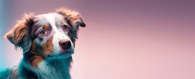 Close up of a American Shepherd dog with a Purple pastel background Dog fashion photo Generative AI