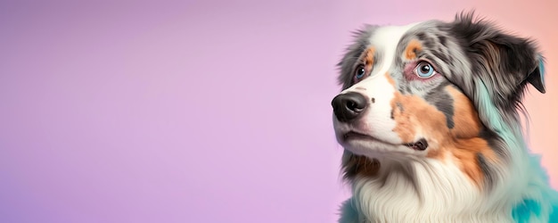 Close up of a American Shepherd dog with a Purple pastel background Dog fashion photo Generative AI