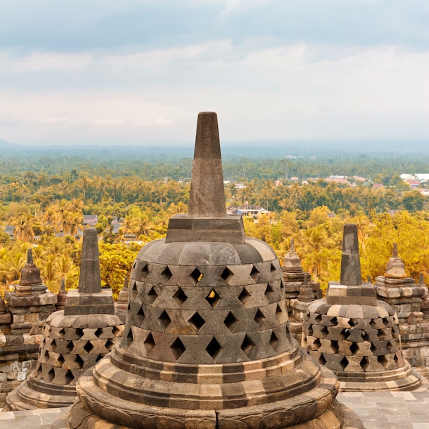 자바, 인도네시아의 보로부두르 불교 사원에서 고 대 stupa의 클로즈업