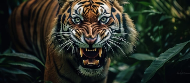 close up angry tiger on the jungle