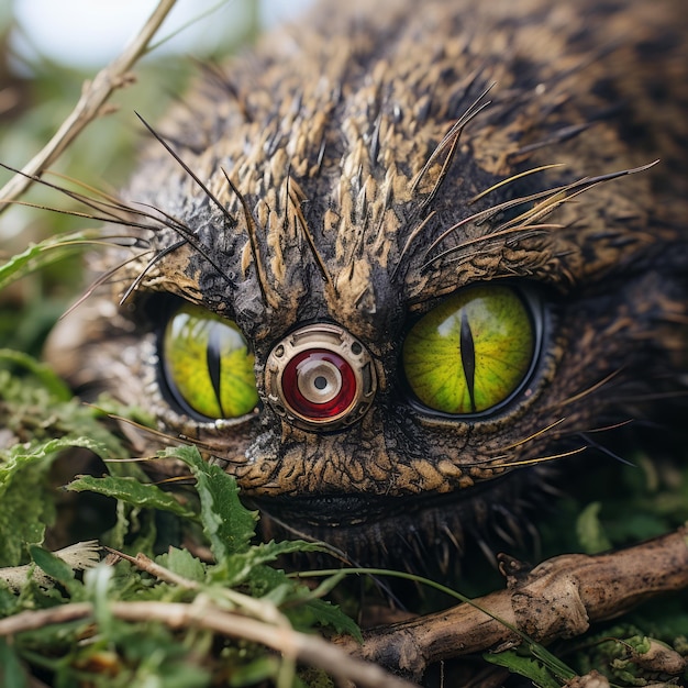 a close up of an animal with green eyes